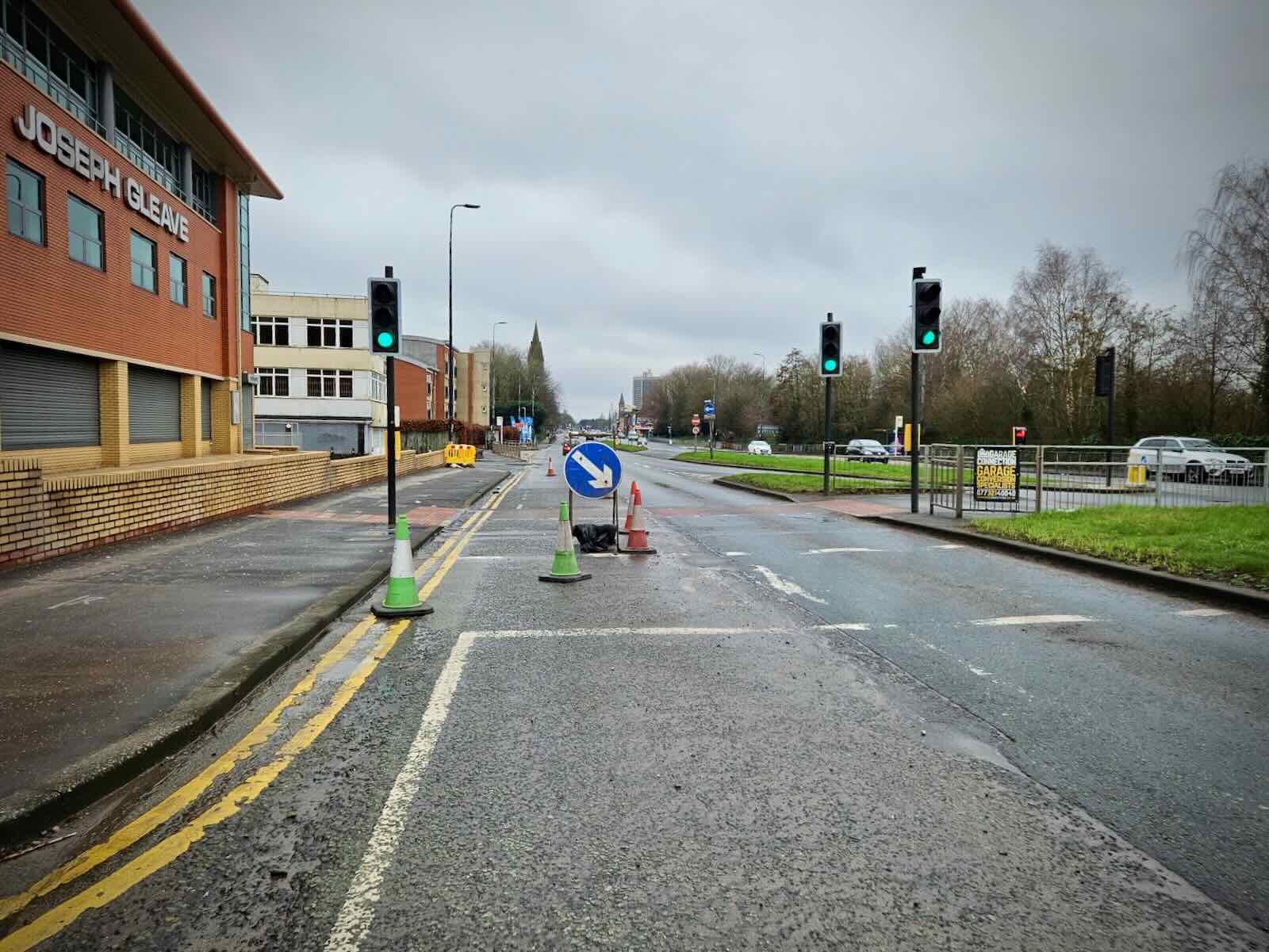Cones at the pedestrian crossing to Davyhulme Road East