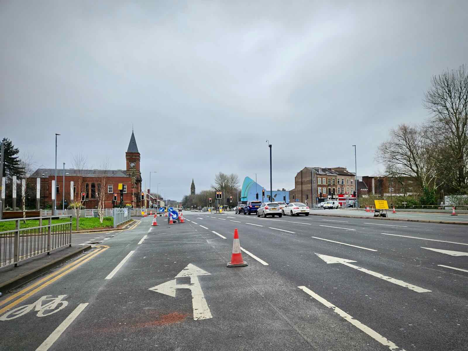 Cones continue towards the Edge Lane junction